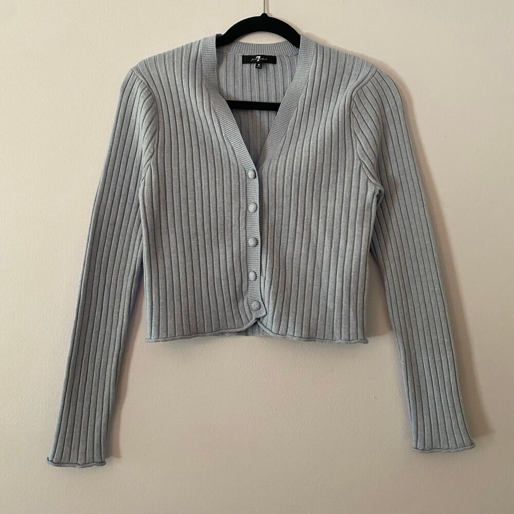 7 For All Mankind Baby Blue Ribbed Cardigan Sweater Cropped Women's size Medium